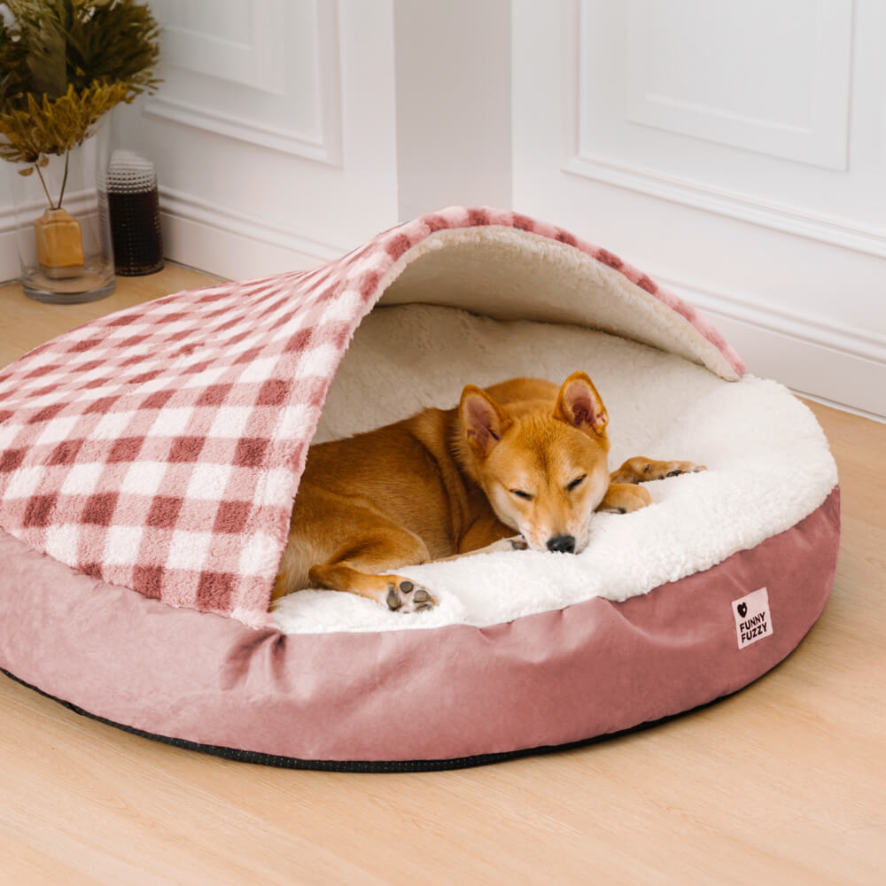 "Baldachin Hundebett mit ultraweichem Plüsch, blau-rosa kariert, luxuriös und sicher für Haustiere"