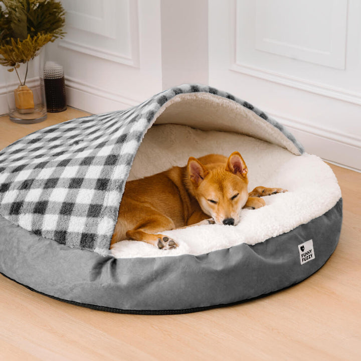 "Baldachin Hundebett mit ultraweichem Plüsch, blau-rosa kariert, luxuriös und sicher für Haustiere"