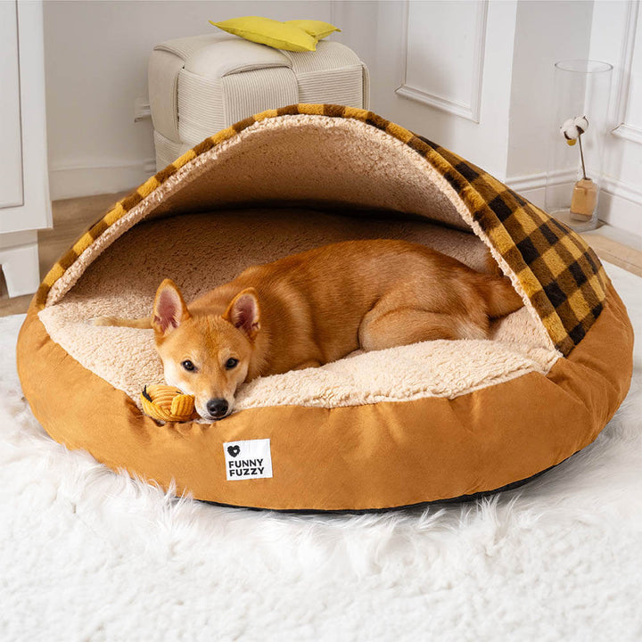 "Baldachin Hundebett mit ultraweichem Plüsch, blau-rosa kariert, luxuriös und sicher für Haustiere"