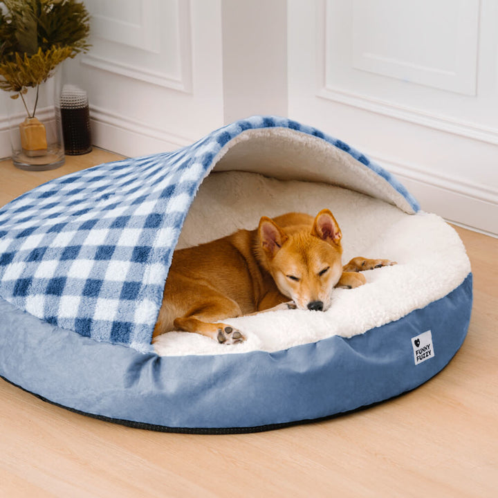 "Baldachin Hundebett mit ultraweichem Plüsch, blau-rosa kariert, luxuriös und sicher für Haustiere"