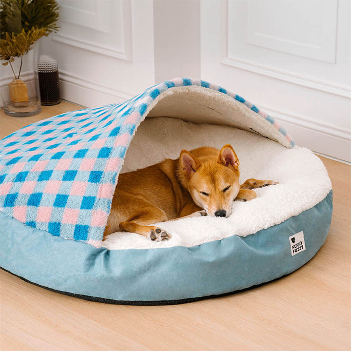 "Baldachin Hundebett mit ultraweichem Plüsch, blau-rosa kariert, luxuriös und sicher für Haustiere"