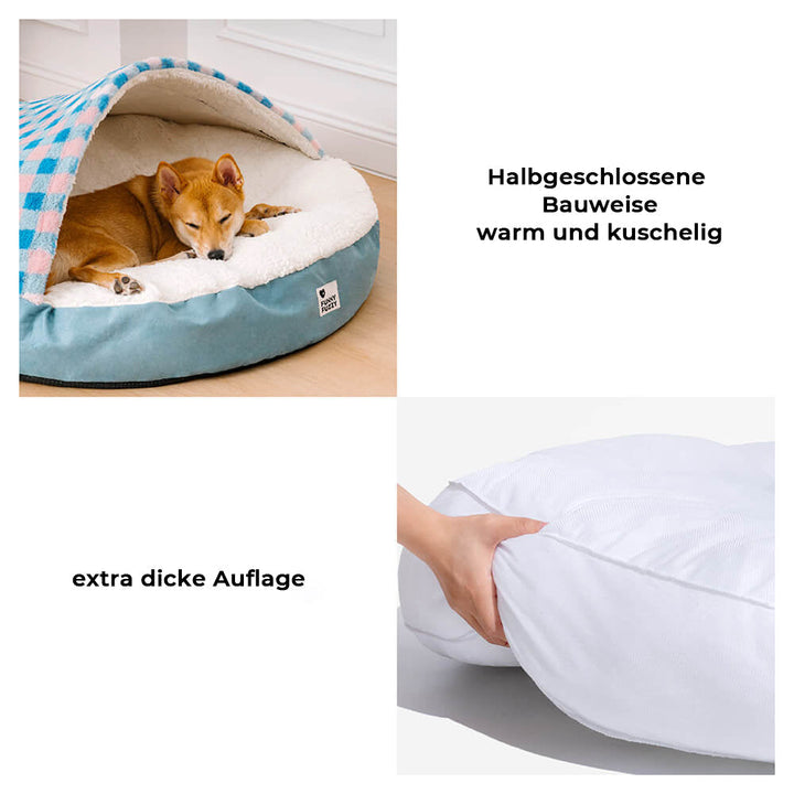 "Baldachin Hundebett mit ultraweichem Plüsch, blau-rosa kariert, luxuriös und sicher für Haustiere"