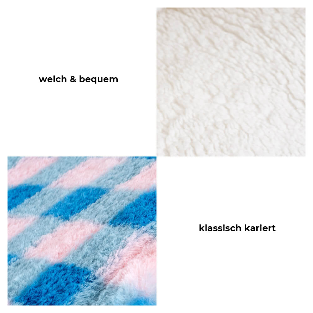 "Baldachin Hundebett mit ultraweichem Plüsch, blau-rosa kariert, luxuriös und sicher für Haustiere"