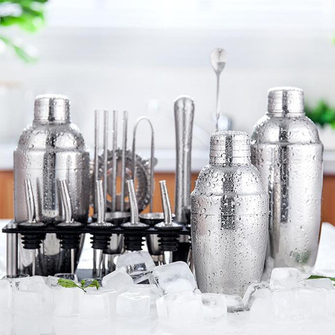 "Barkeeper Kit aus Edelstahl mit 23 Teilen, inkl. Martini-Shaker, Jigger, Muddler, Sieb und Bambus-Ständer, für Cocktails."
