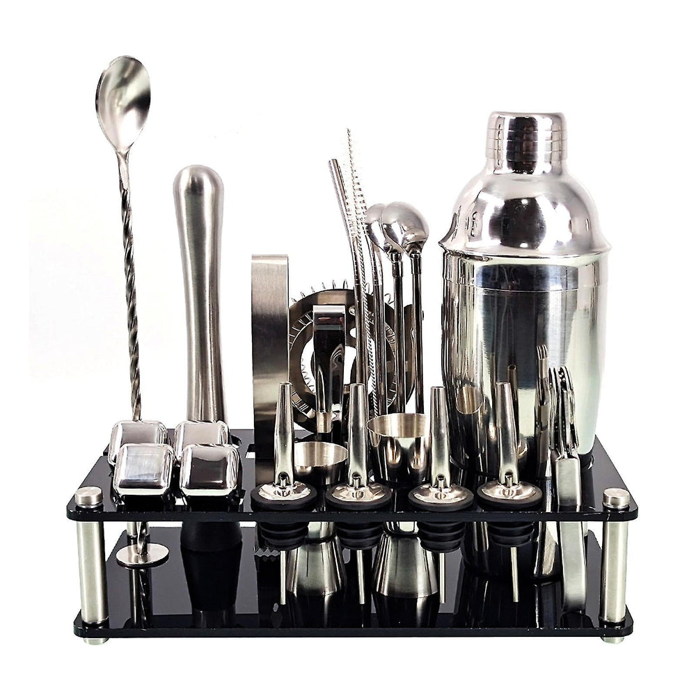 "Barkeeper Kit aus Edelstahl mit 23 Teilen, inkl. Martini-Shaker, Jigger, Muddler, Sieb und Bambus-Ständer, für Cocktails."
