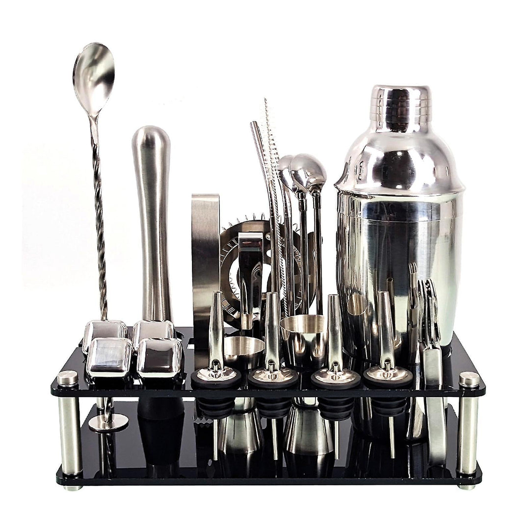 "Barkeeper Kit aus Edelstahl mit 23 Teilen, inkl. Martini-Shaker, Jigger, Muddler, Sieb und Bambus-Ständer, für Cocktails."
