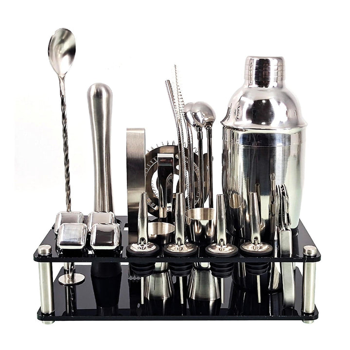 "Barkeeper Kit aus Edelstahl mit 23 Teilen, inkl. Martini-Shaker, Jigger, Muddler, Sieb und Bambus-Ständer, für Cocktails."