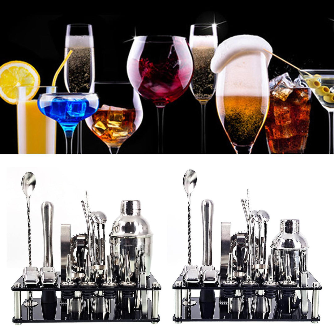 "Barkeeper Kit aus Edelstahl mit 23 Teilen, inkl. Martini-Shaker, Jigger, Muddler, Sieb und Bambus-Ständer, für Cocktails."