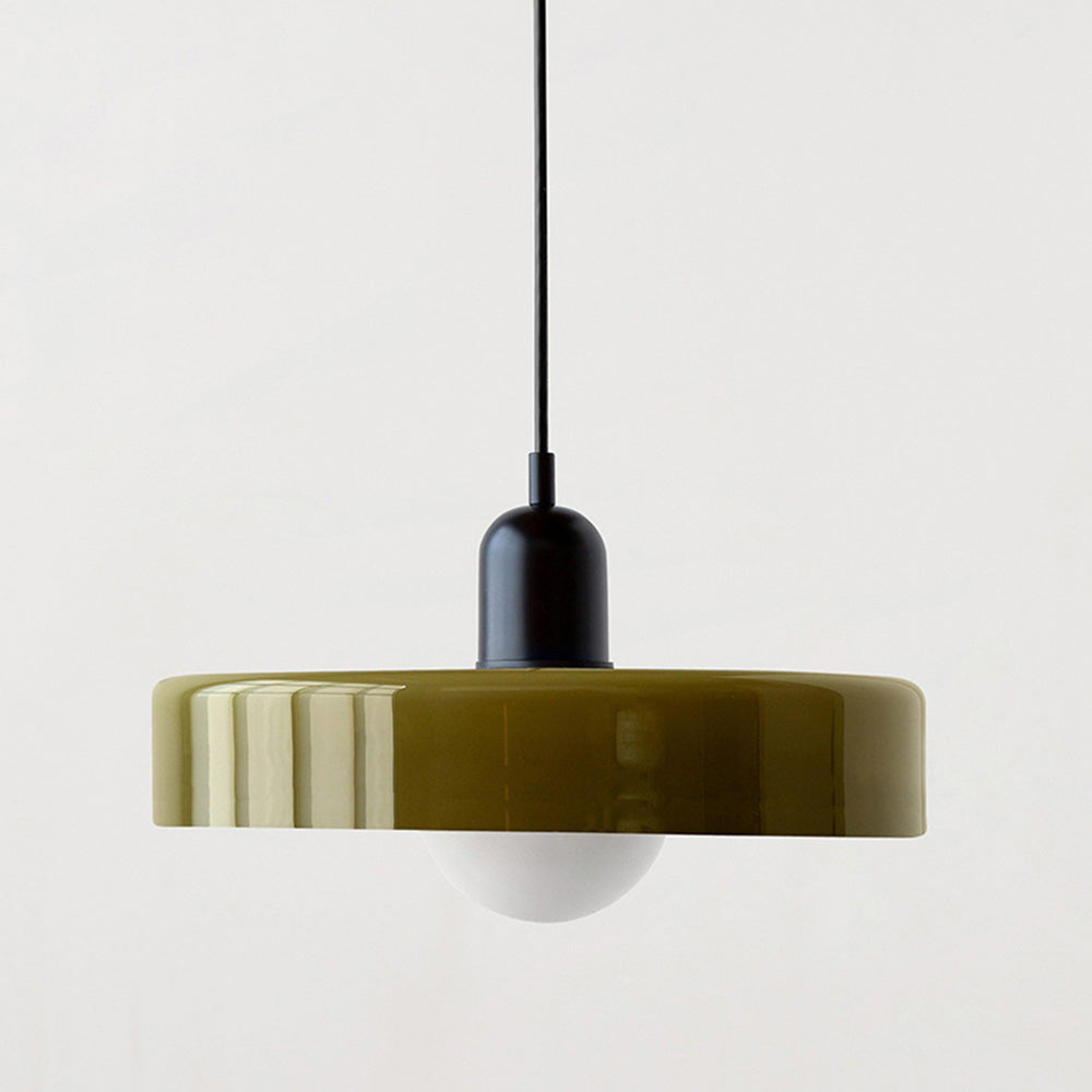 "Bauhaus-Stil Pendelleuchte aus Buntglas, LED-kompatibel, elegante Farben, moderne Deckenleuchte, warmes Lichtambiente."