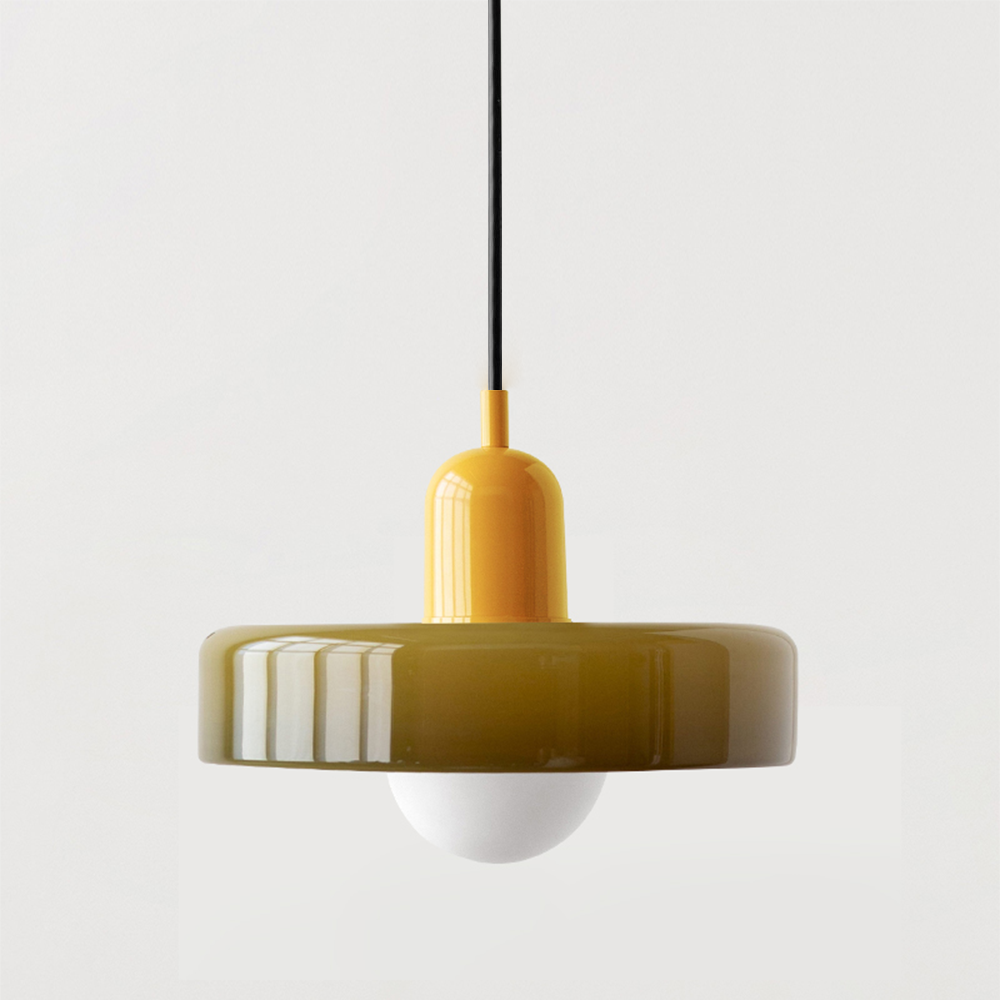 "Bauhaus-Stil Pendelleuchte aus Buntglas, LED-kompatibel, elegante Farben, moderne Deckenleuchte, warmes Lichtambiente."