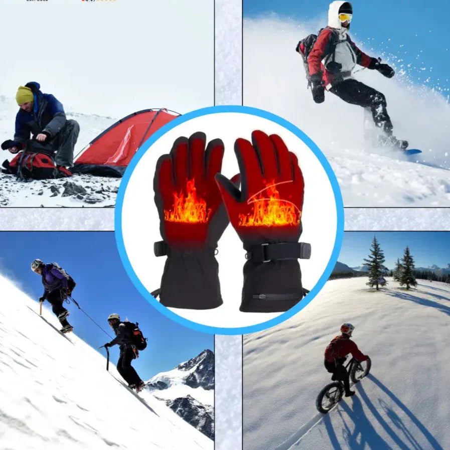 "Beheizbare Winterhandschuhe, Touchscreen-fähig, schwarz, wind- und wasserdicht, ideal für Outdoor-Aktivitäten im Winter."