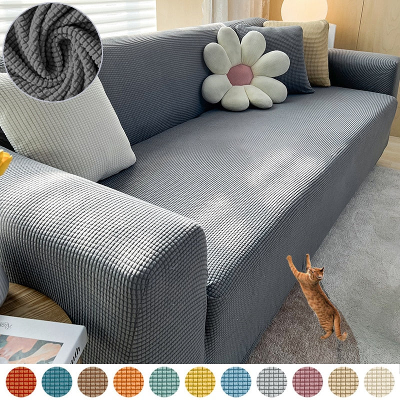 Beige Sofahusse aus elastischem Stretchmaterial, perfekter Sitz, Schutz vor Flecken, Schmutz und Tierhaaren.
