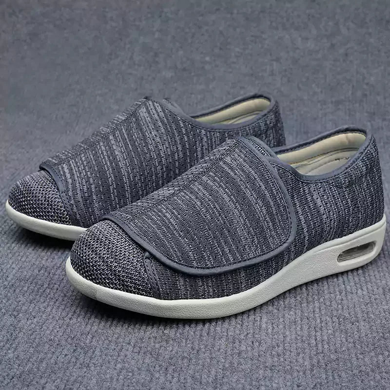 "Bequeme orthopädische Klettverschluss-Schuhe in Beige, Dunkelgrau oder Blau, optimal für Stabilität und Komfort."
