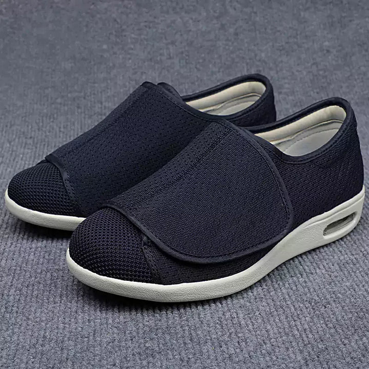 "Bequeme orthopädische Klettverschluss-Schuhe in Beige, Dunkelgrau oder Blau, optimal für Stabilität und Komfort."