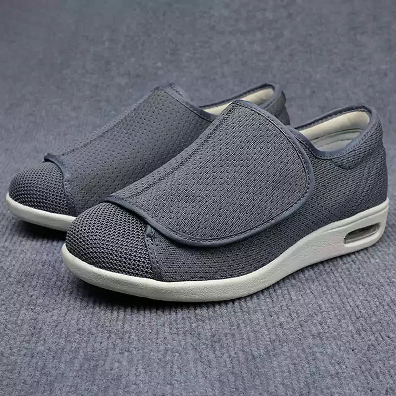 "Bequeme orthopädische Klettverschluss-Schuhe in Beige, Dunkelgrau oder Blau, optimal für Stabilität und Komfort."