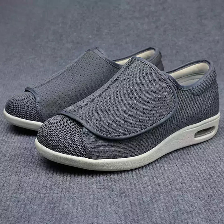 "Bequeme orthopädische Klettverschluss-Schuhe in Beige, Dunkelgrau oder Blau, optimal für Stabilität und Komfort."