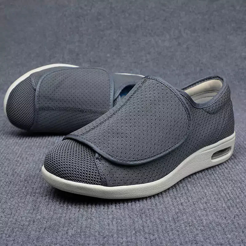 "Bequeme orthopädische Klettverschluss-Schuhe in Beige, Dunkelgrau oder Blau, optimal für Stabilität und Komfort."