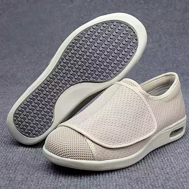 "Bequeme orthopädische Klettverschluss-Schuhe in Beige, Dunkelgrau oder Blau, optimal für Stabilität und Komfort."