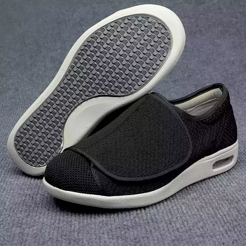"Bequeme orthopädische Klettverschluss-Schuhe in Beige, Dunkelgrau oder Blau, optimal für Stabilität und Komfort."