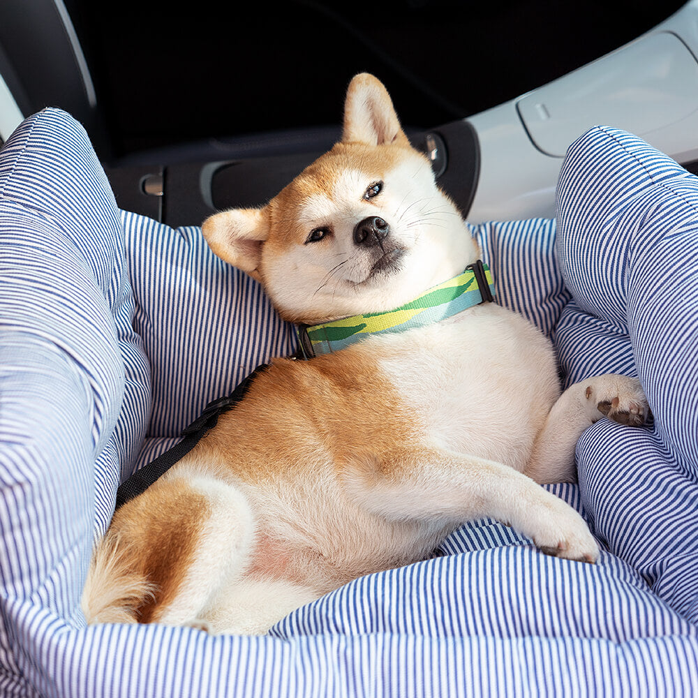 "Bequemes, tragbares Hundesitzbett im Auto, geeignet für Reisen, mit weicher Polsterung und verstellbaren Gurten."