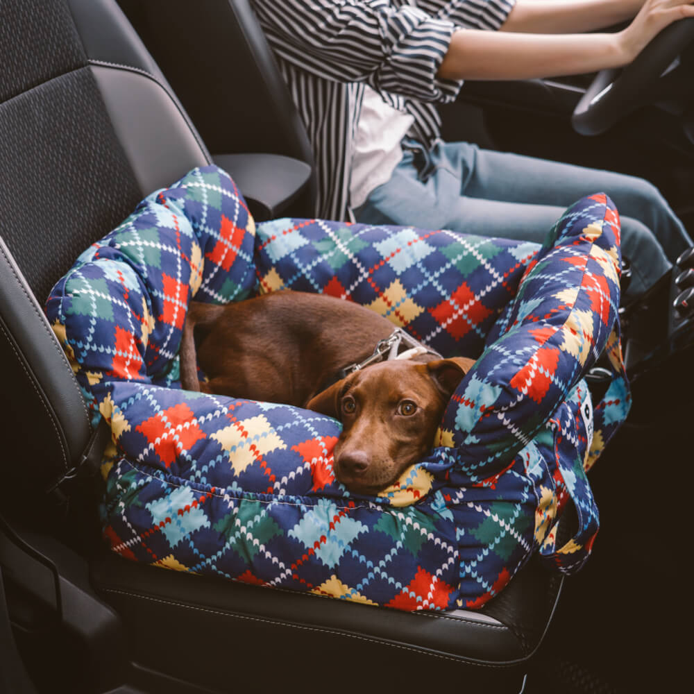 "Bequemes, tragbares Hundesitzbett im Auto, geeignet für Reisen, mit weicher Polsterung und verstellbaren Gurten."