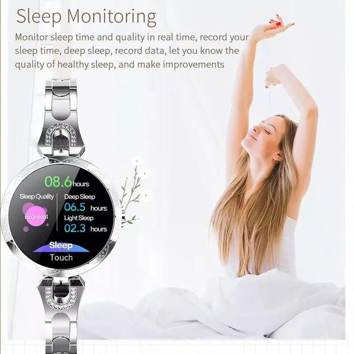 Blaue wasserdichte Fitnessuhr für Frauen, stilvoll und funktional, Seitenansicht mit farbigem Display und Armband.