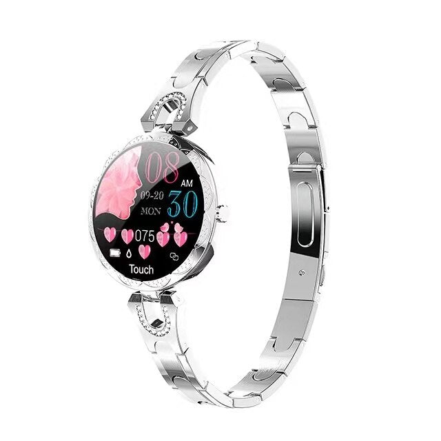 Blaue wasserdichte Fitnessuhr für Frauen, stilvoll und funktional, Seitenansicht mit farbigem Display und Armband.