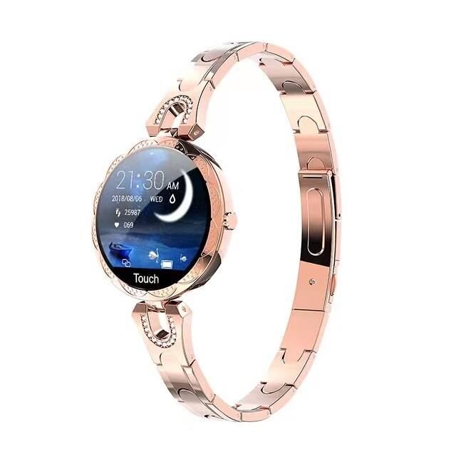 Blaue wasserdichte Fitnessuhr für Frauen, stilvoll und funktional, Seitenansicht mit farbigem Display und Armband.