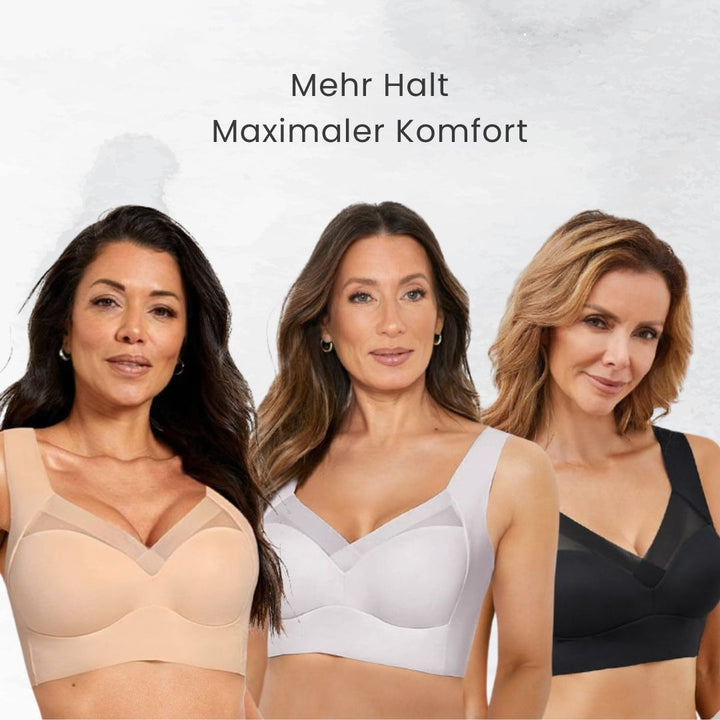 "Bügelloser Komfort-BH in Beige, ergonomisch, nahtlos, mit gepolsterten Trägern, ideal für besseren Halt und Körperhaltung."