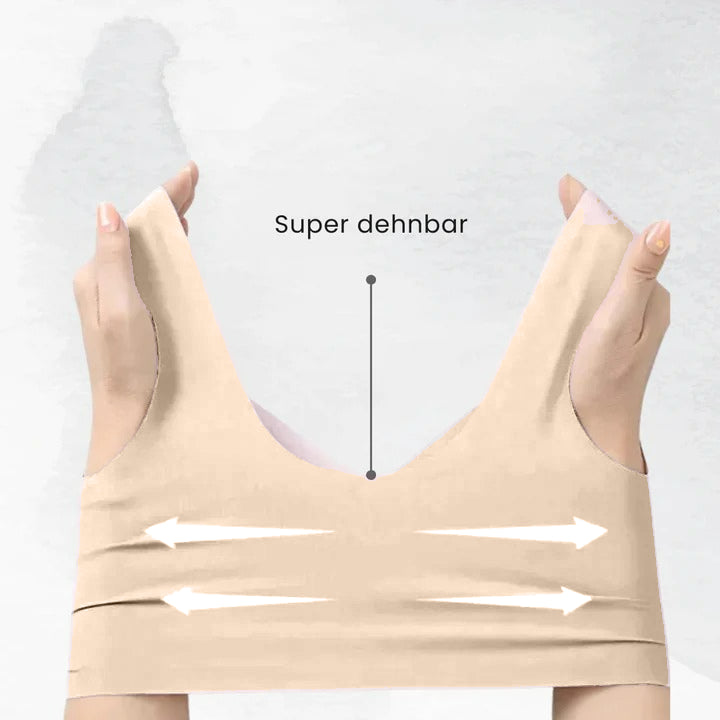 "Bügelloser Komfort-BH in Beige, ergonomisch, nahtlos, mit gepolsterten Trägern, ideal für besseren Halt und Körperhaltung."