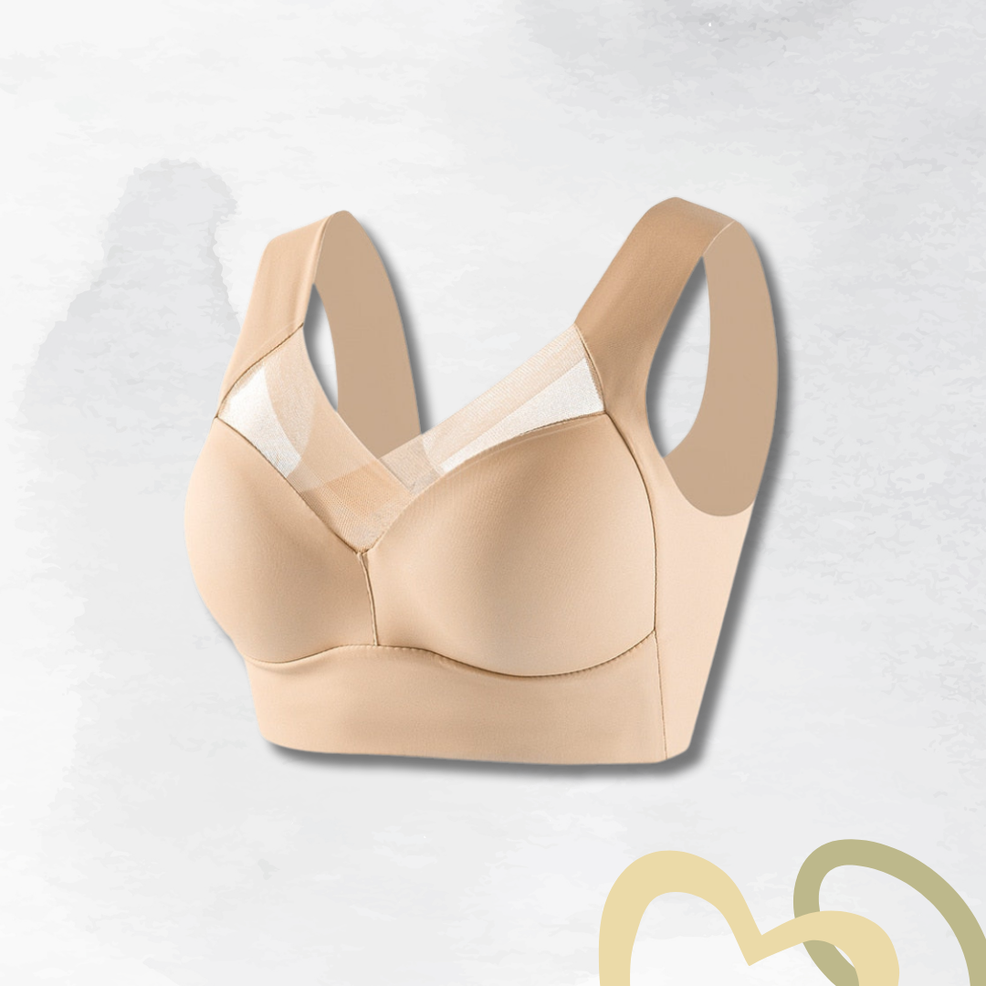 "Bügeloser Komfort-BH in Beige, ergonomisches Design, Haltungskorrektur, atmungsaktiv und nahtlos für optimalen Support."