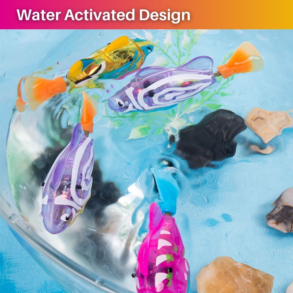 "Bunte interaktive Fischspielzeuge in Aquarium für Katzen, leuchtende Farben, realistische Bewegungen, sensorisches Spiel."