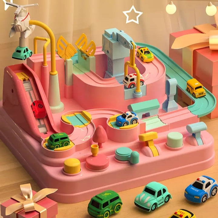 Bunte, interaktive Spielzeug-Autorennstrecke für Kinder mit Hebeln und Hindernissen für kreativen und spannenden Spielspaß.