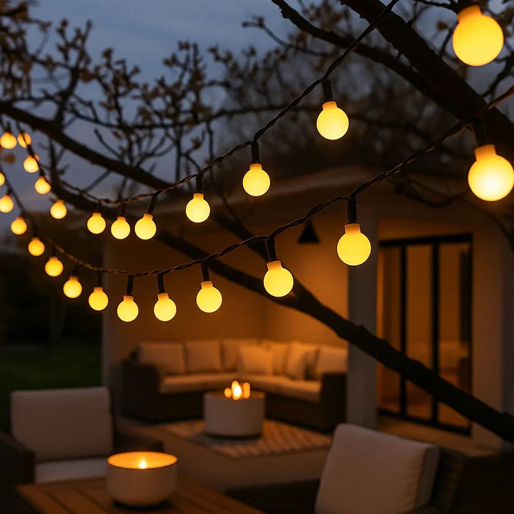 "Bunte solarbetriebene Lichterkette für draußen, LED, wetterfest, verleiht stimmungsvolle Beleuchtung bei Nacht."