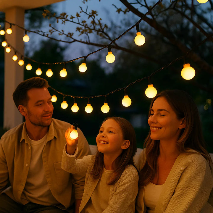 "Bunte solarbetriebene Lichterkette für draußen, LED, wetterfest, verleiht stimmungsvolle Beleuchtung bei Nacht."