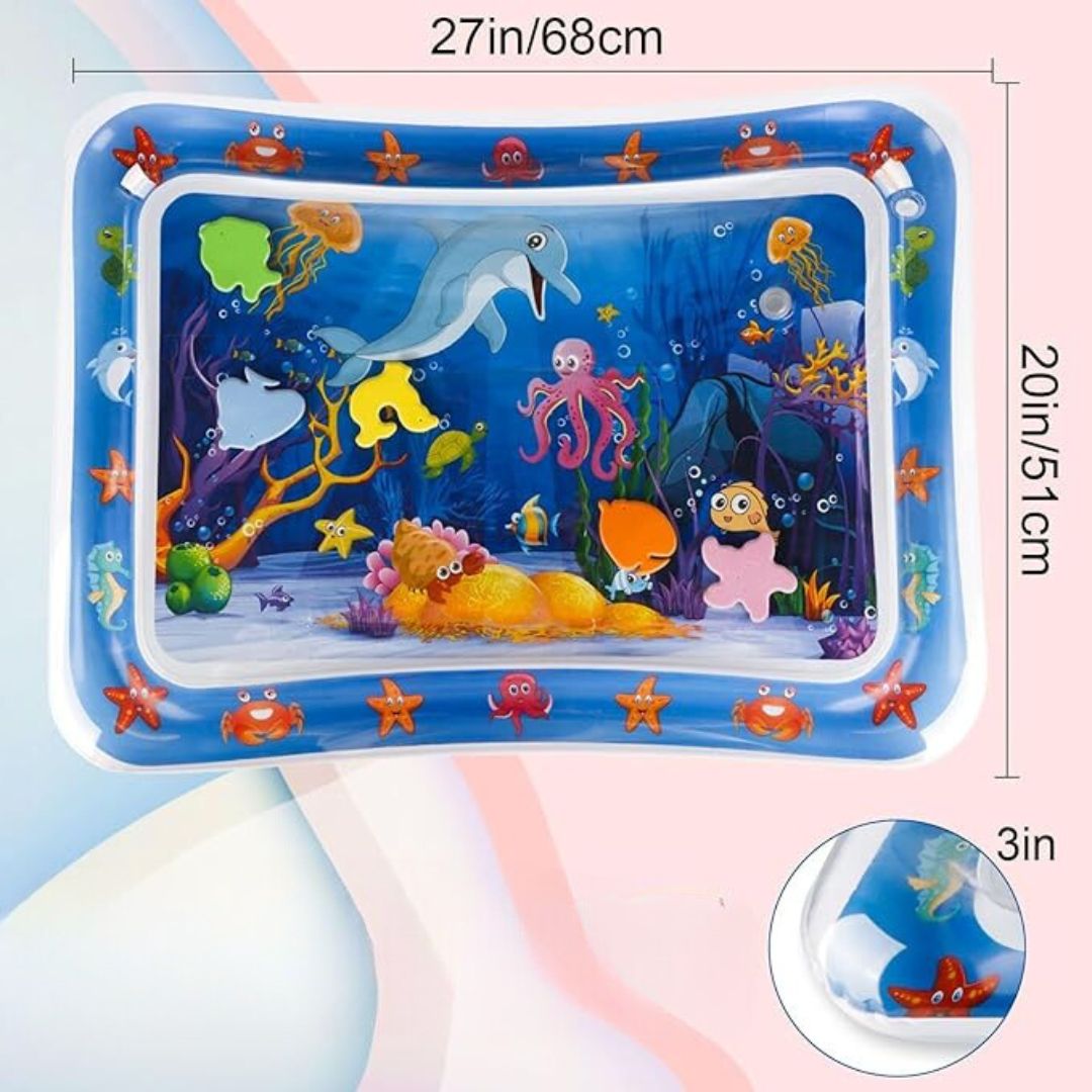 "Bunte Wasserspielmatte für Babys mit Tiermotiven, fördert motorische Fähigkeiten und bietet interaktiven Spielspaß."