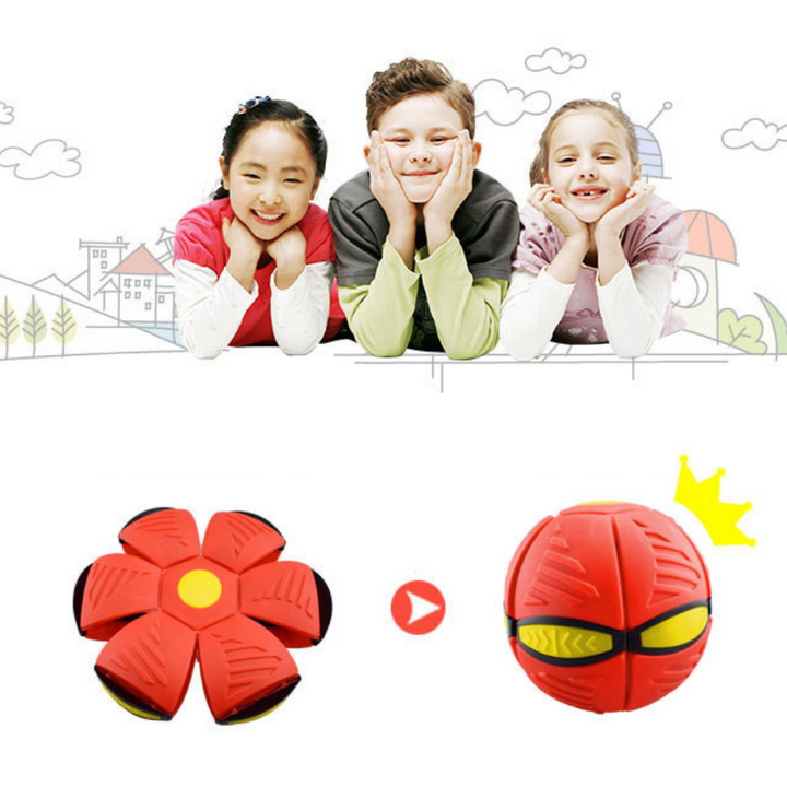 "Bunter Verwandlungsball für Kinder, der sich von einer flachen Scheibe in einen Ball verwandelt, ideal für Outdoorspaß."
