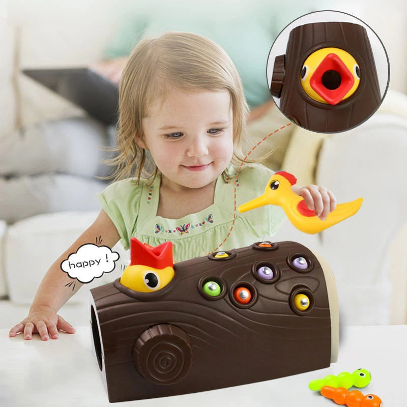 "Buntes magnetisches Specht-Spielzeug, fördert Feinmotorik, Montessori-Design, Würmerspiel für Kinder, fröhliche Farben."