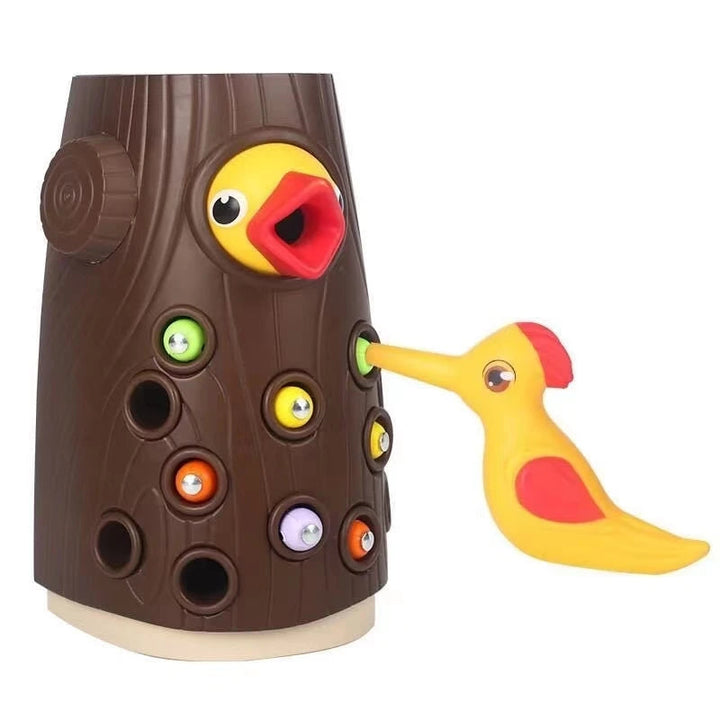 "Buntes magnetisches Specht-Spielzeug, fördert Feinmotorik, Montessori-Design, Würmerspiel für Kinder, fröhliche Farben."