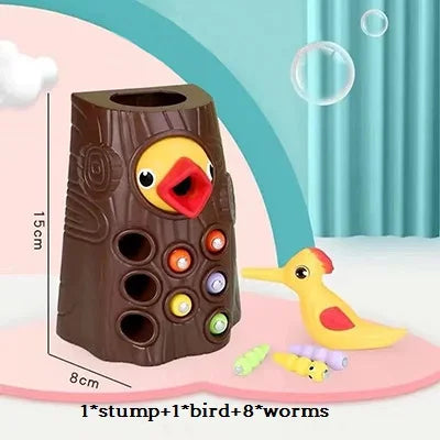"Buntes magnetisches Specht-Spielzeug, fördert Feinmotorik, Montessori-Design, Würmerspiel für Kinder, fröhliche Farben."