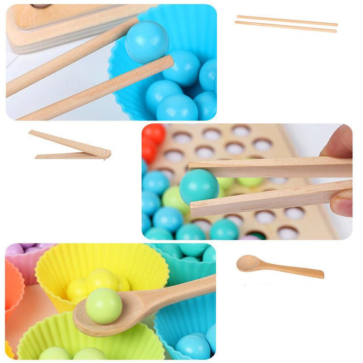 "Buntes Montessori Holzkugelspiel zur Farberkennung und Zahlenlernen, fördert Feinmotorik bei Kindern ab 3 Jahren."