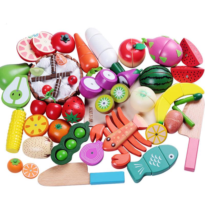 "Buntes Montessori Schneide Spielset aus Holz, featuring buntes Obst und Gemüse, ideal zum Fördern der Feinmotorik."