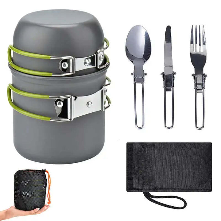 Batterie de cuisine de camping 6 pièces avec couverts