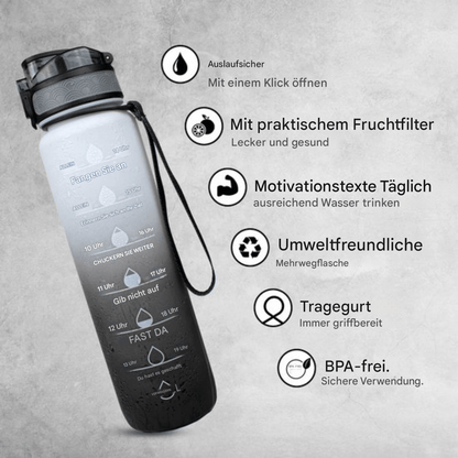 1L Trinkflasche mit Zeitmarkierung & Strohhalm