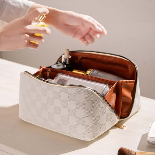 Trousse de maquillage spacieuse en cuir PU