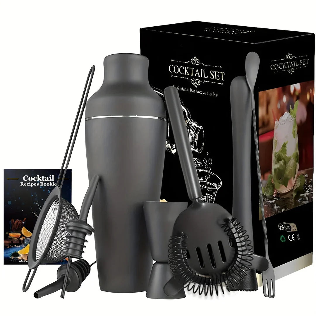 "Cocktailset aus Edelstahl mit Shaker, Strainer und Muddler, stilvolles Design, ideal für Hausbar und Cocktailabende."