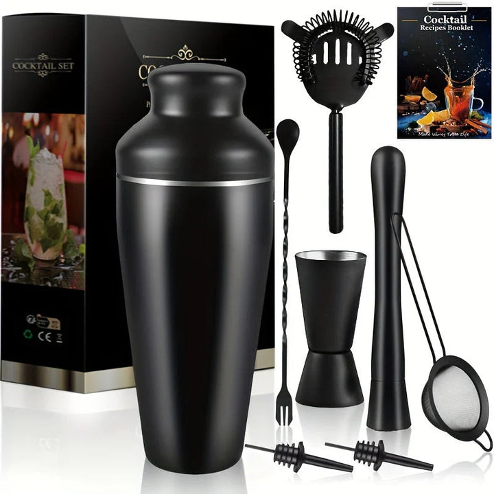 "Cocktailset aus Edelstahl mit Shaker, Strainer und Muddler, stilvolles Design, ideal für Hausbar und Cocktailabende."