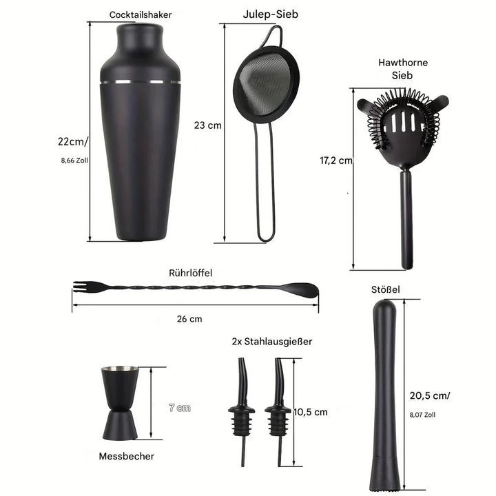 "Cocktailset aus Edelstahl mit Shaker, Strainer und Muddler, stilvolles Design, ideal für Hausbar und Cocktailabende."