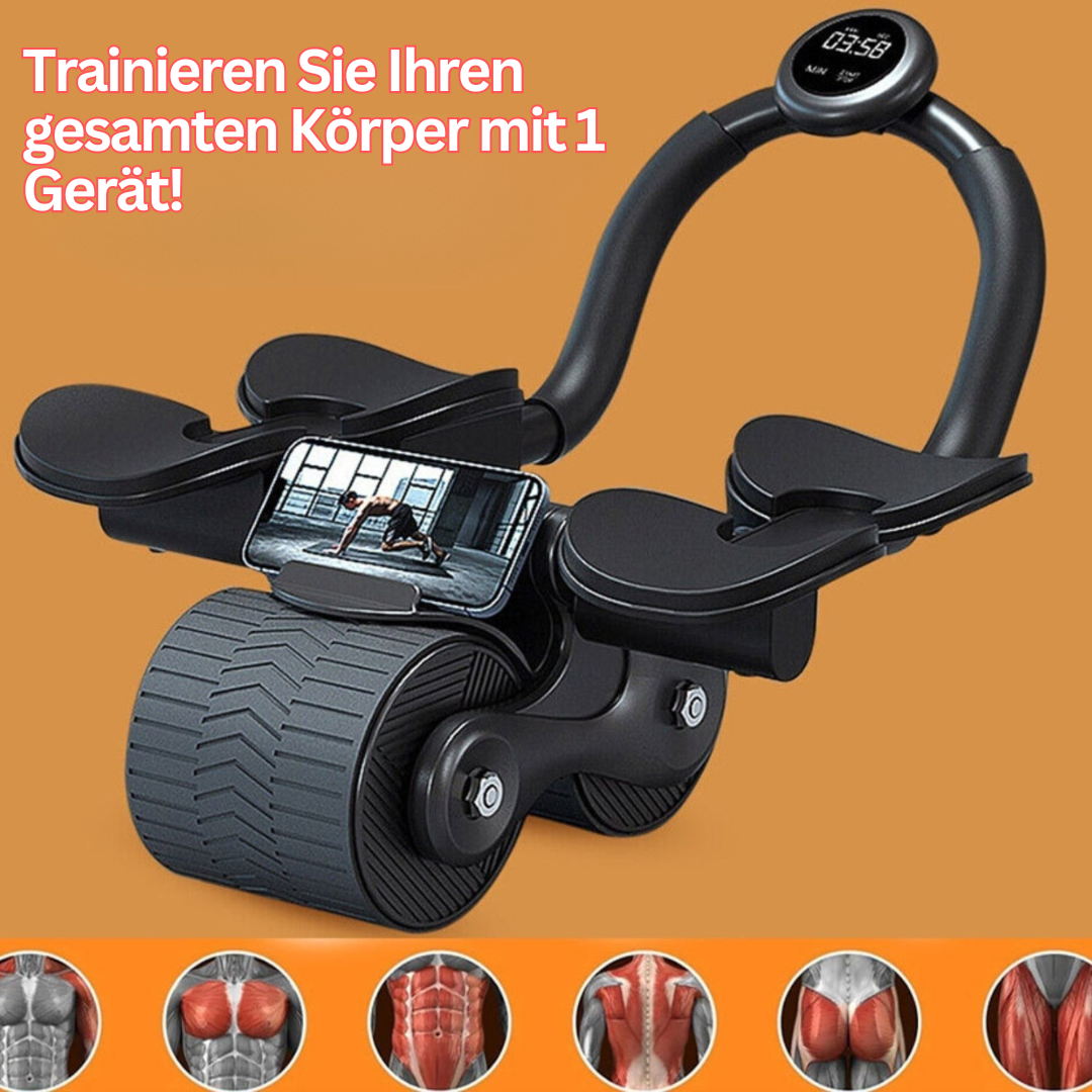 "CoreRoller Max Bauchmuskeltrainer, kompakt, silber-blau, mit EVA-Griffen für effektives Core-Training zu Hause."