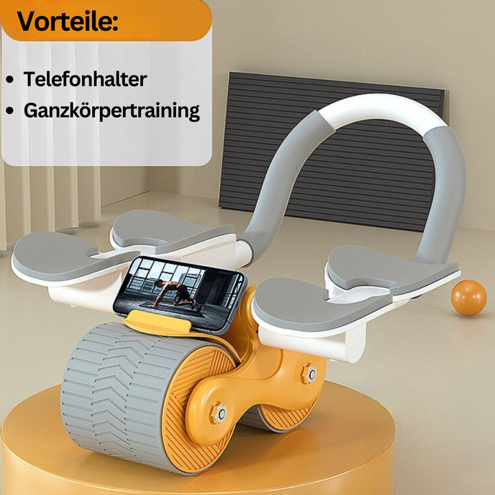 "CoreRoller Max Bauchmuskeltrainer, kompakt, silber-blau, mit EVA-Griffen für effektives Core-Training zu Hause."